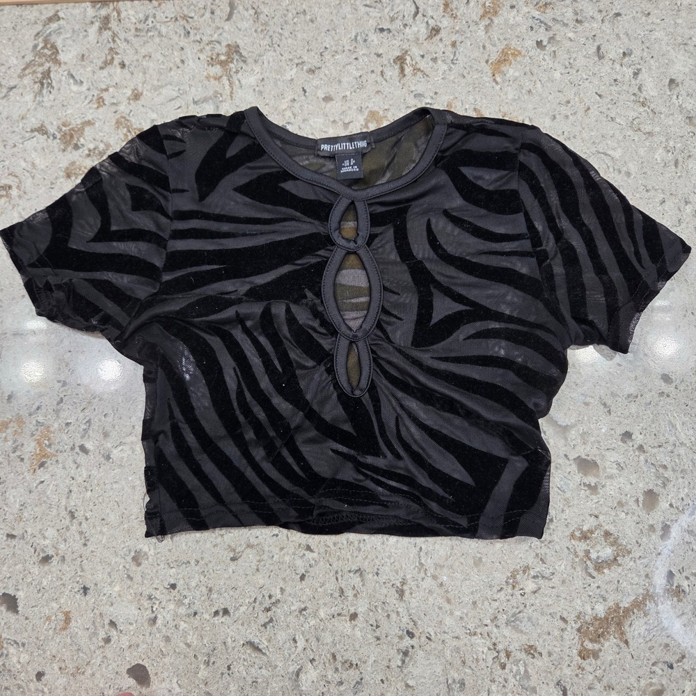 PrettyLittleThing Black Zebra Velvet Mesh Keyhole Crop Top US 0
